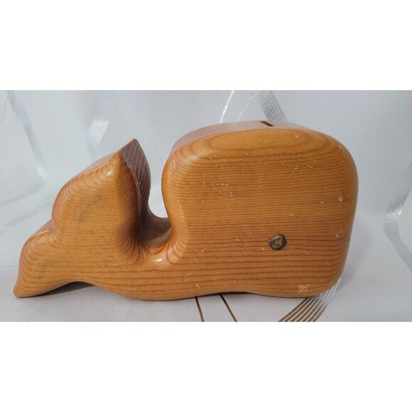 Vintage Wood Hand Carved Solid Wood Whale Piggy Bank! Original Cork! - Picture 3 of 9